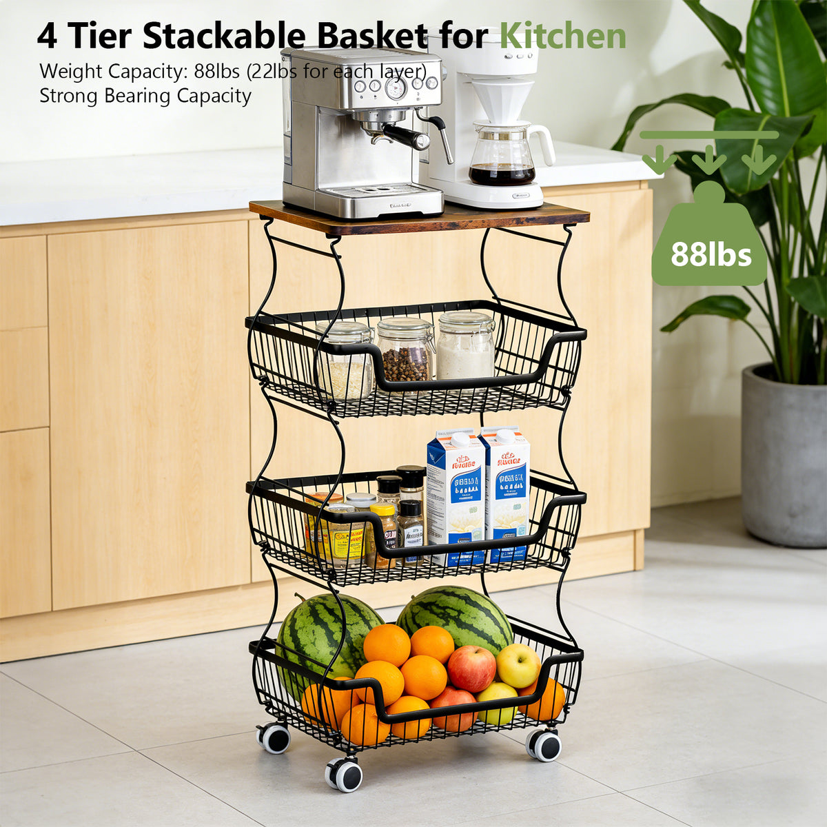 Kitchen Storage Cart on Wheels, 4 Tier Rolling Stackable Pantry Floor Organizer, Kitchen Fruit Basket Stand for Home Removable Metal Vegetable Rack Wire Snack Cart