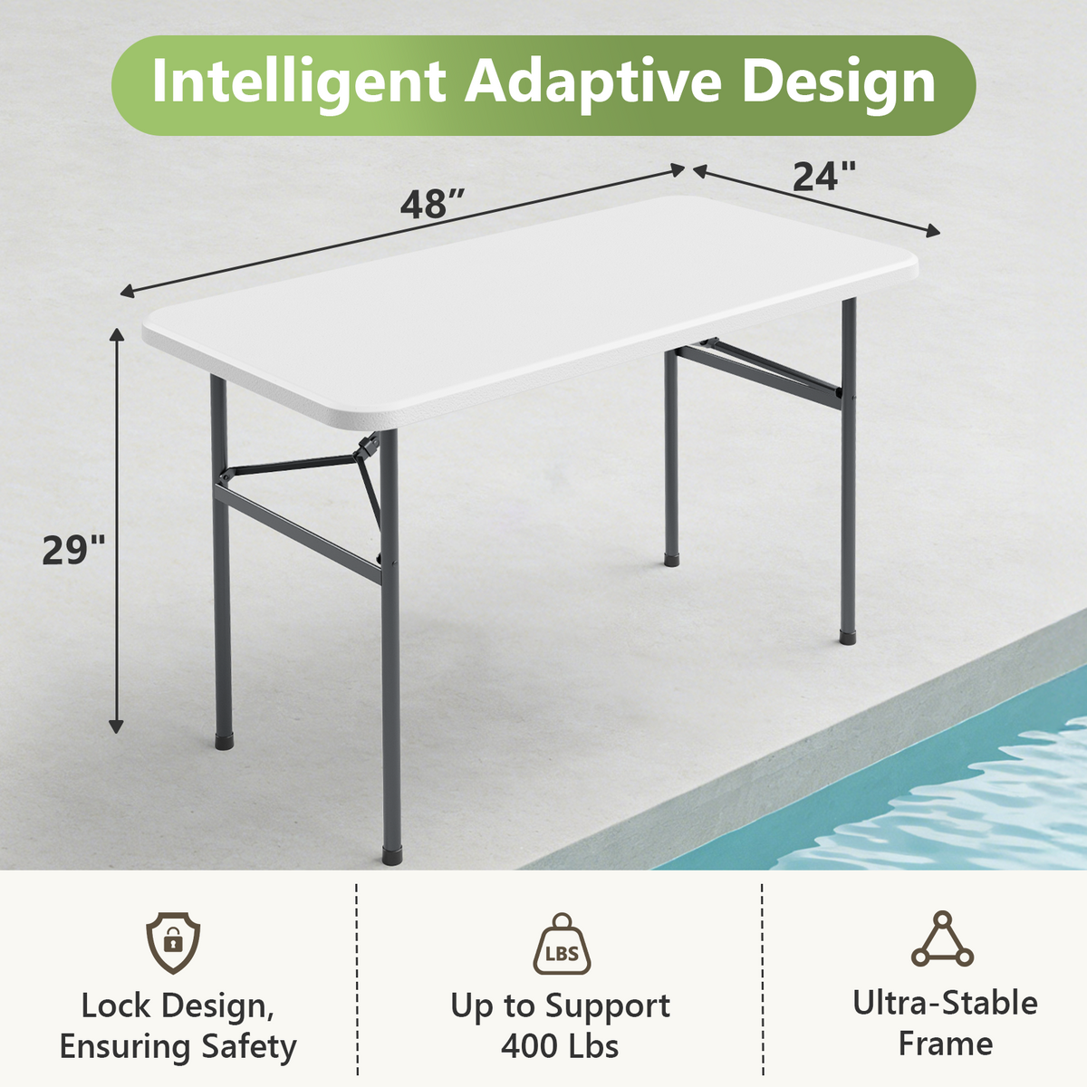 4ft Folding Table, Heavy Duty Plastic Card Table with Foldable Steel Legs, Metal Frame Support up to 400 lb, Portable for Indoor, Outdoor, Picnic, Camping, Dining, Party, White