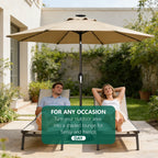 HaiNova 9ft Solar Patio Umbrella, Tilt Adjustment LED Outdoor Umbrella with 8 Reinforced Ribs for Garden, Backyard, Pool, Khaki