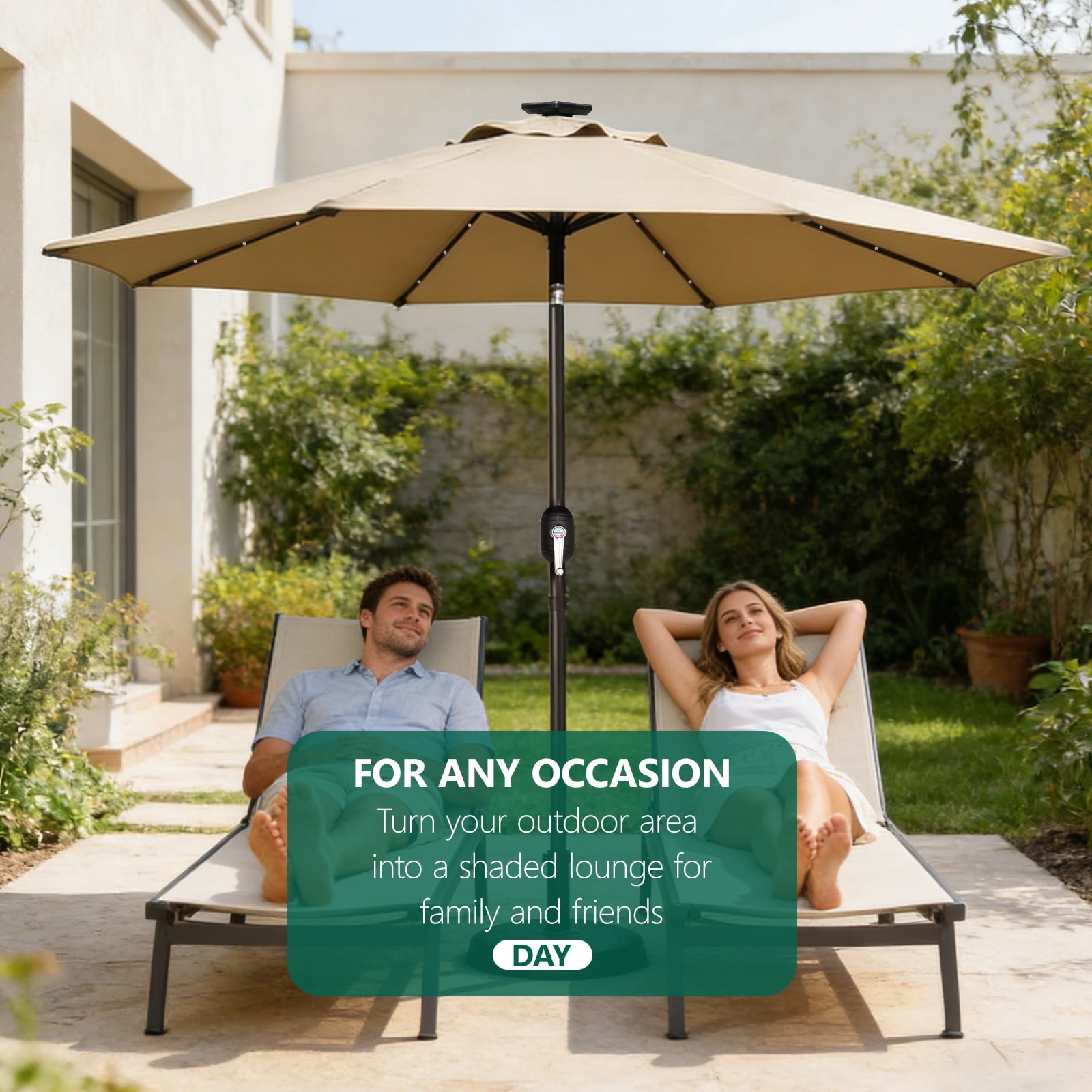 HaiNova 9ft Solar Patio Umbrella, Tilt Adjustment LED Outdoor Umbrella with 8 Reinforced Ribs for Garden, Backyard, Pool, Khaki