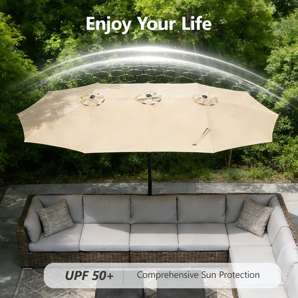 HaiNova 15Ft Patio Umbrella With Base-Mounted, Foldable And Portable Outdoor Sunshade For Backyards, Beaches And Gardens, Khaki
