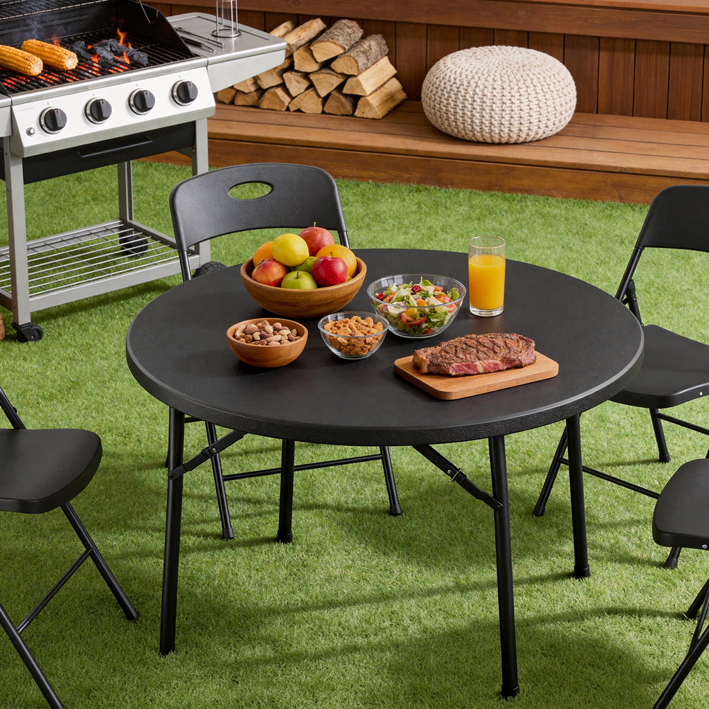 HaiNova 48in Round Folding Table, Portable Plastic Table for Indoor/Outdoor Events, Can Accommodate 4-6 People, Black