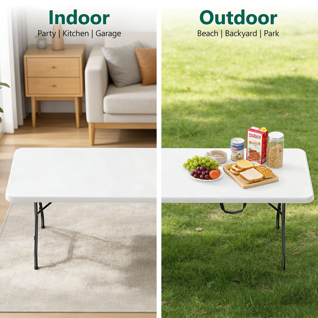 HaiNova 8FT Folding Table, Portable Heavy Duty Camping Table with Carrying Handle, Anti-fouling and Sun-Proof Suitable for Meetings, Parties, Camping and Weddings, White