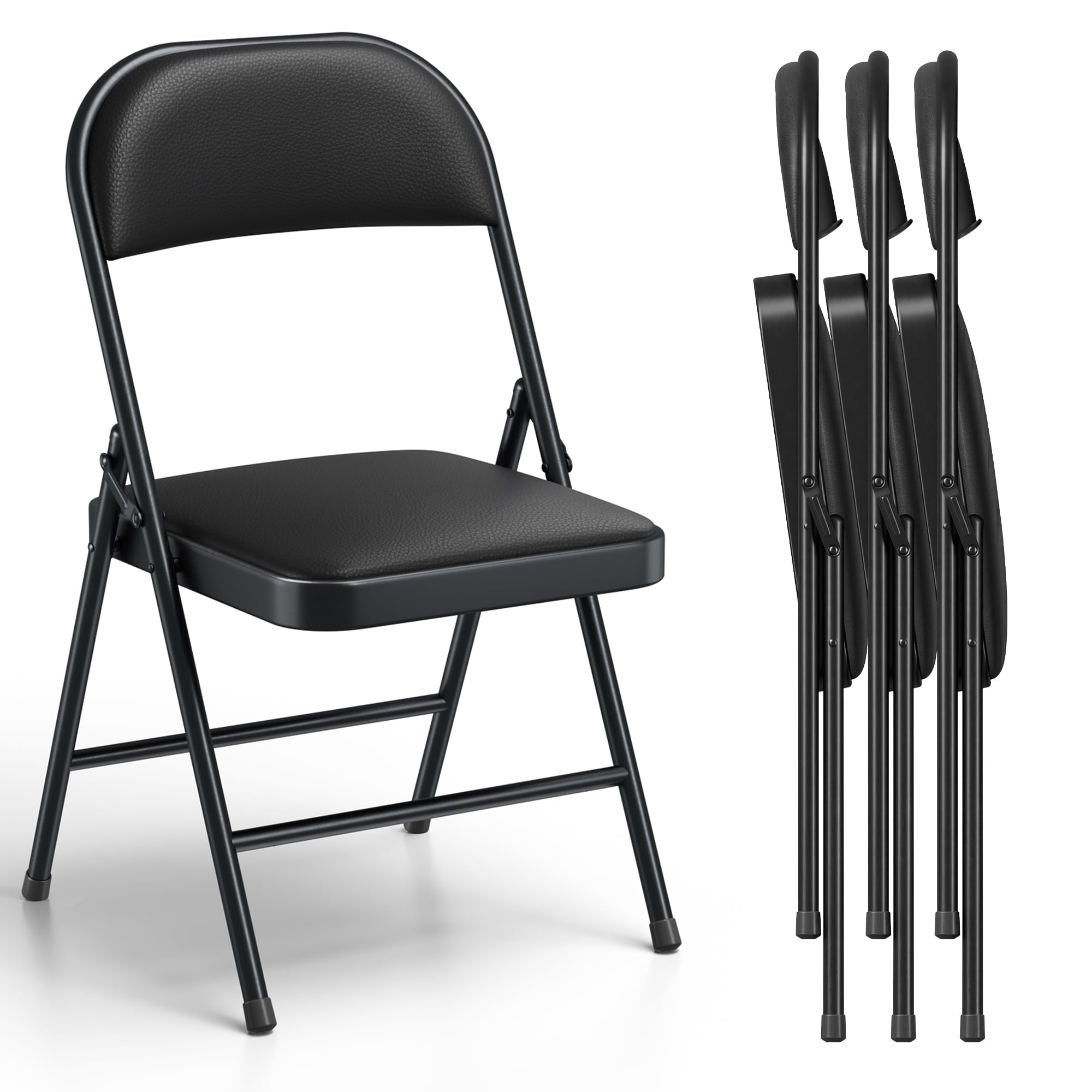 4 Pack Padded PU Leather Folding Chairs, Heavy Duty Portable Foldable Metal Chairs with Thickened Cushion Seat and Back, Ergonomic Steel Frame for Indoor Outdoor, Home Office Party Patio Backyard