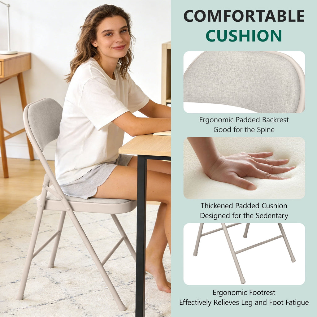 HaiNova Fabric Folding Chair 4 Pack, with Fabric Padded Cushion & Back, Metal Frame, Easy to Use and Store for Home, Office, Party, Khaki
