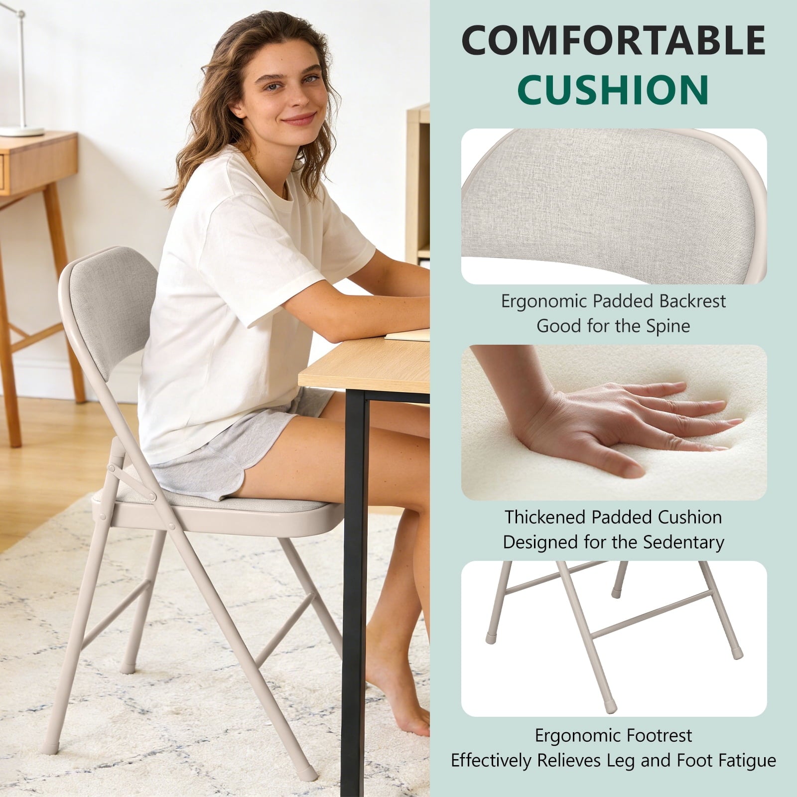 HaiNova Fabric Folding Chair 4 Pack, with Fabric Padded Cushion & Back, Metal Frame, Easy to Use and Store for Home, Office, Party, Khaki