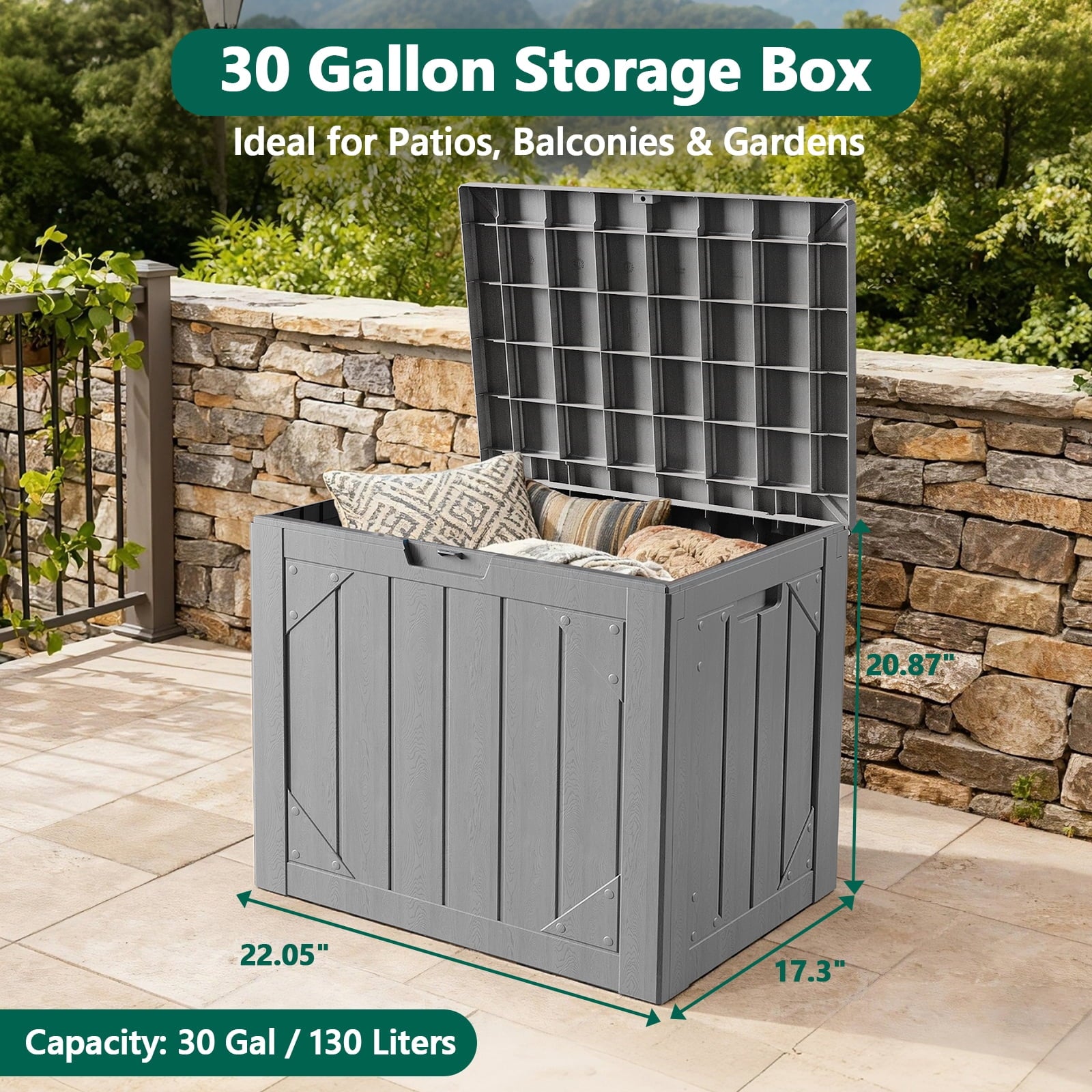 WASUHE 30 Gallon Resin Deck Box, Waterproof & Outdoor Small Storage Box for Cushion Storage and Outdoor Delivery Storage, UV Resistant, Lockable, Gray, Gray