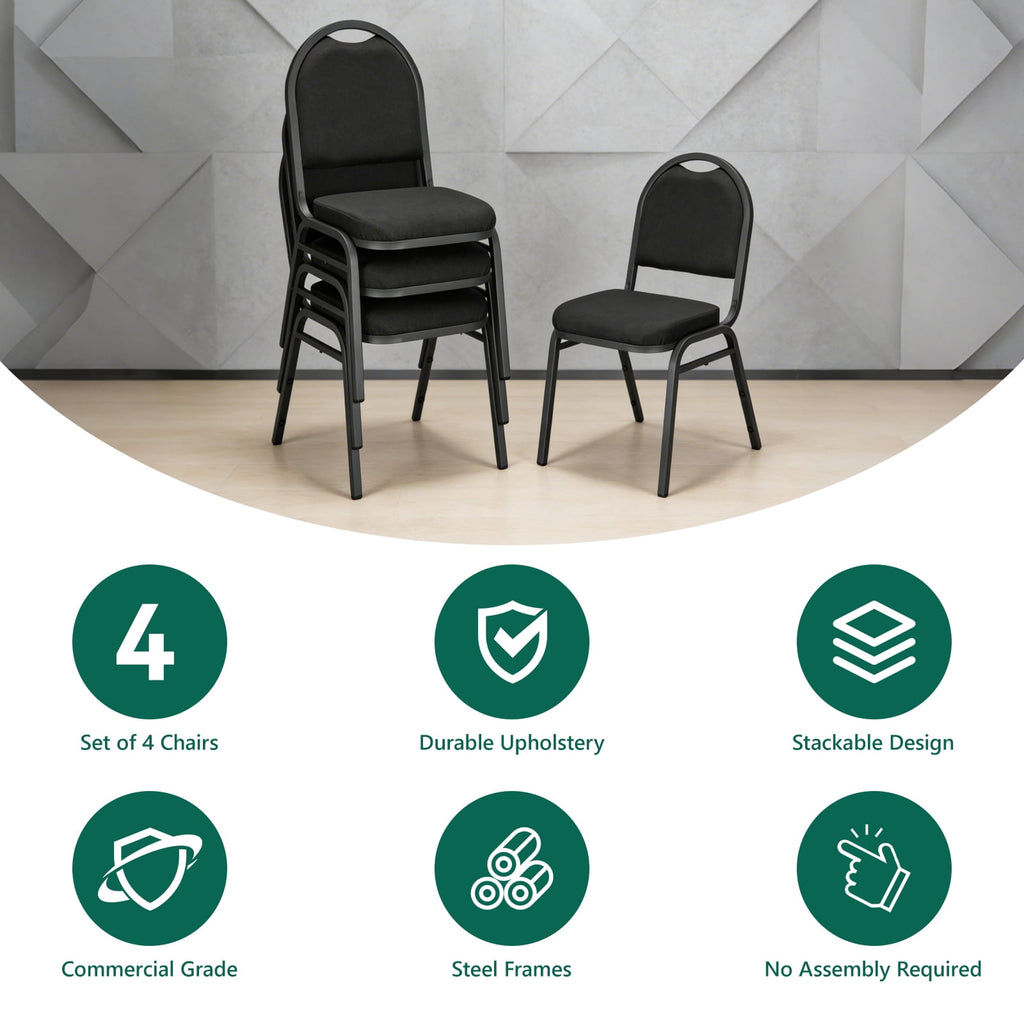 HaiNova Dome Back Stack Chair 4 Pack, with Black Vinyl Seat and Back, 500-lb Weight Capacity, Black Steel Frame, for Banquets, Weddings, Black