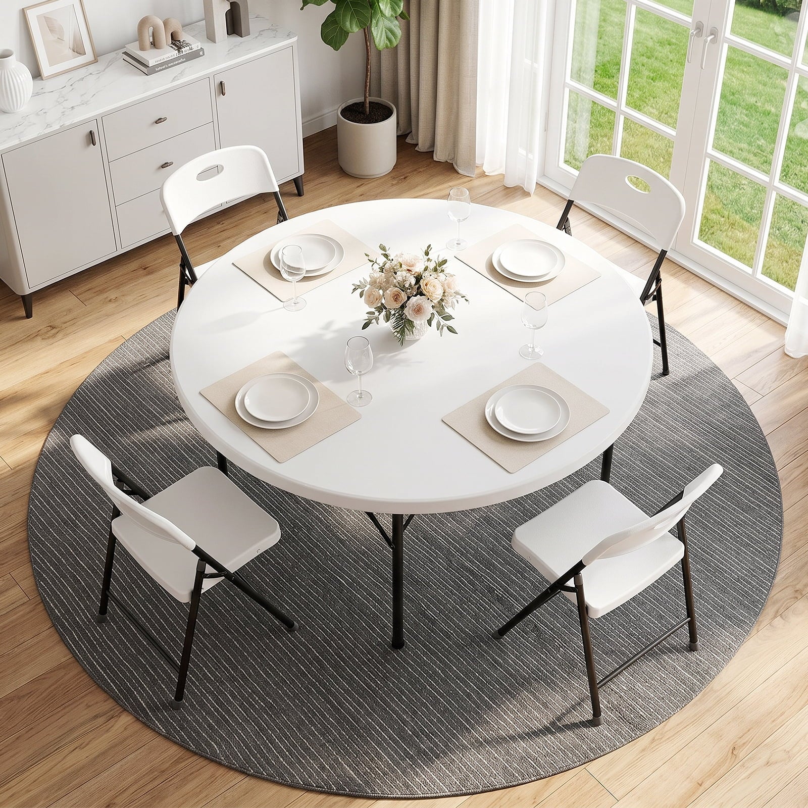 HaiNova 60in Round Folding Table, Heavy Duty Plastic Table for Commercial Event Wedding Party Desk, Accommodate 6-8 People, White