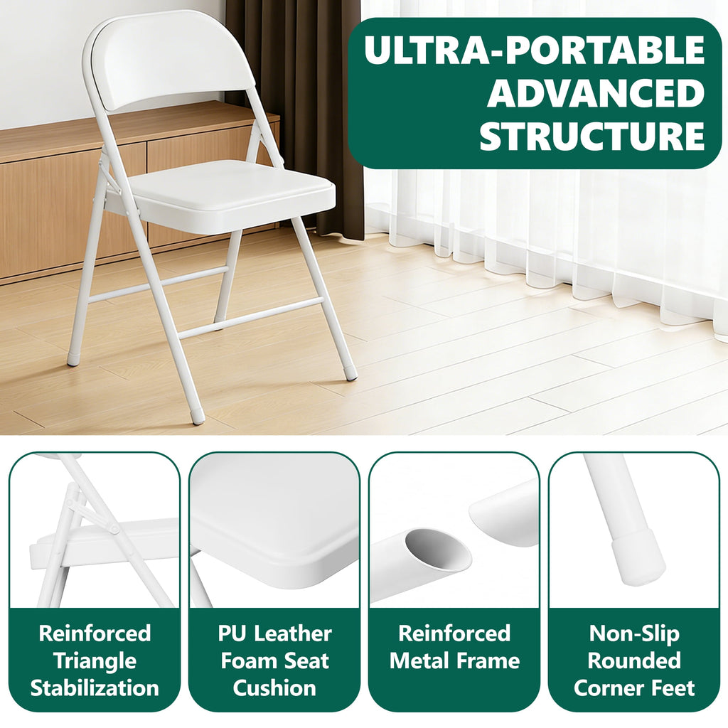 HaiNova 6 Pack Folding Chairs with Comfortable Cushion, Leather Padded Cushion Chair with Stainless Steel Frame for Home and Office, Gatherings, White