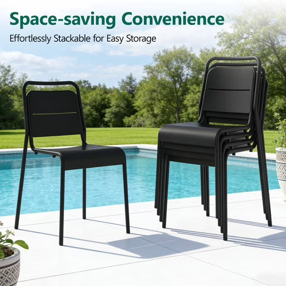 HaiNova Metal Stackable Dining Chairs with Armrest 4 Pack, Black Outdoor Heavy-Duty Chair, 300 lbs Max - All Weather for Indoor/Outdoor
