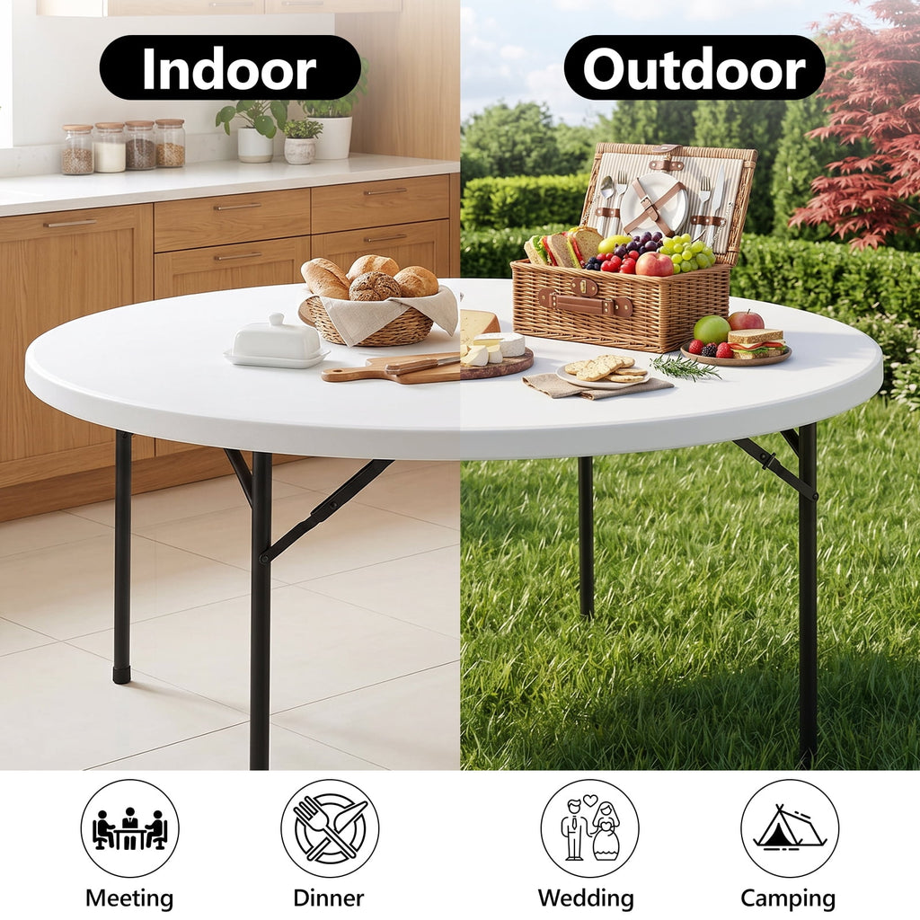 HaiNova 60in Round Folding Table, Heavy Duty Plastic Table for Commercial Event Wedding Party Desk, Accommodate 6-8 People, White