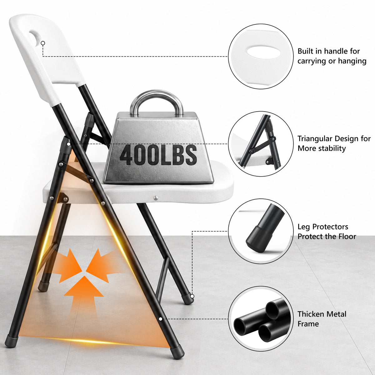 HaiNova 4PCS Black Plastic Folding Chair Set, 400-Pound Portable Waterproof and Wear-Resistant Folding Chair with Steel Frame for Picnics and Business