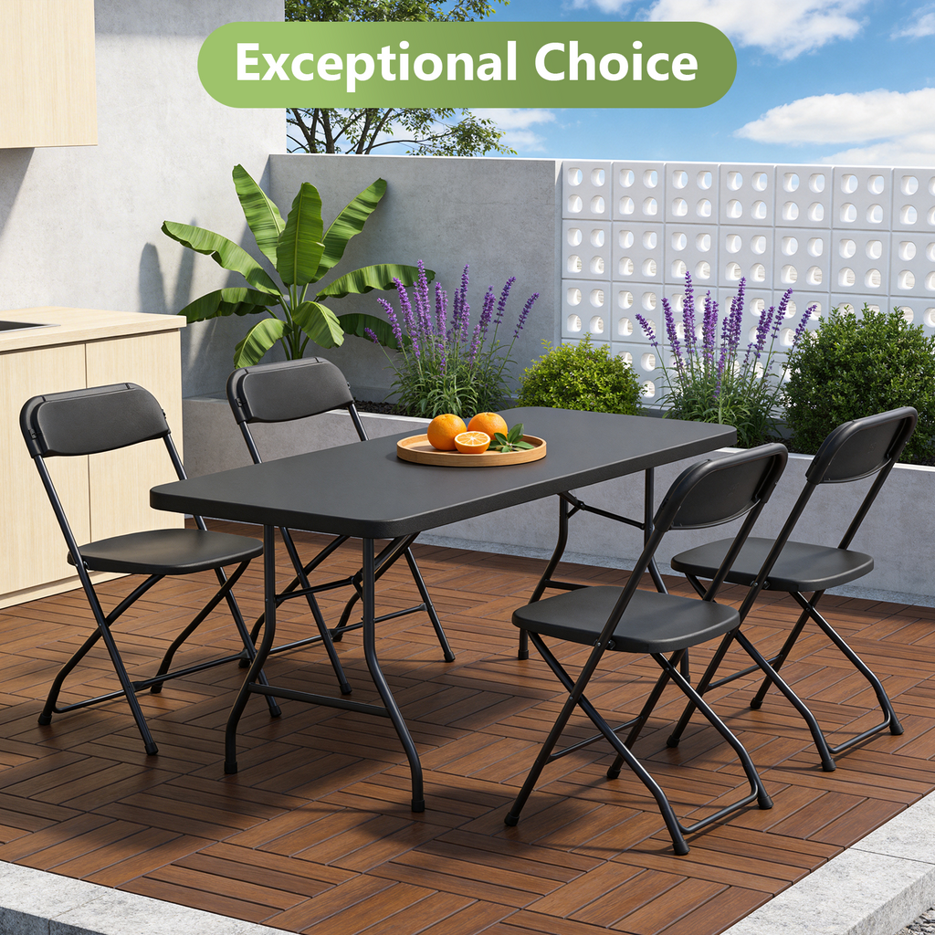 5FT Folding Table, Heavy Duty Plastic Table with Foldable Legs, Black