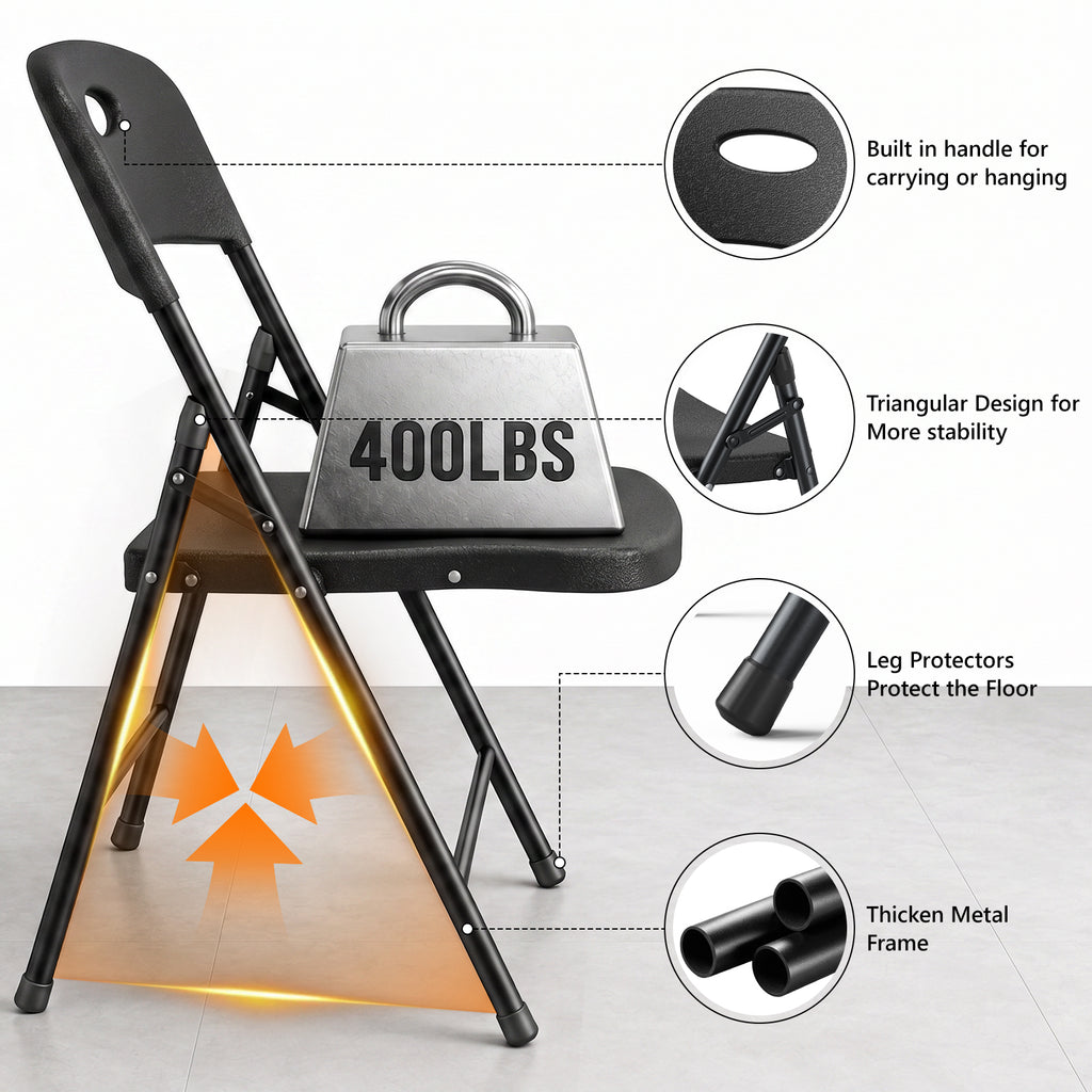 HaiNova 4PCS Black Plastic Folding Chair Set, 400-Pound Portable Waterproof and Wear-Resistant Folding Chair with Steel Frame for Picnics and Business