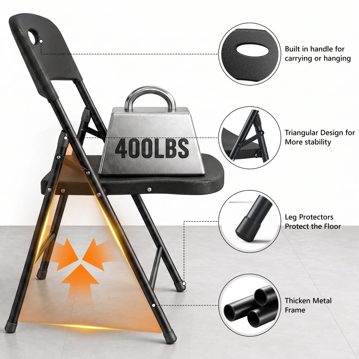 HaiNova 4PCS Black Plastic Folding Chair Set, 400-Pound Portable Waterproof and Wear-Resistant Folding Chair with Steel Frame for Picnics and Business