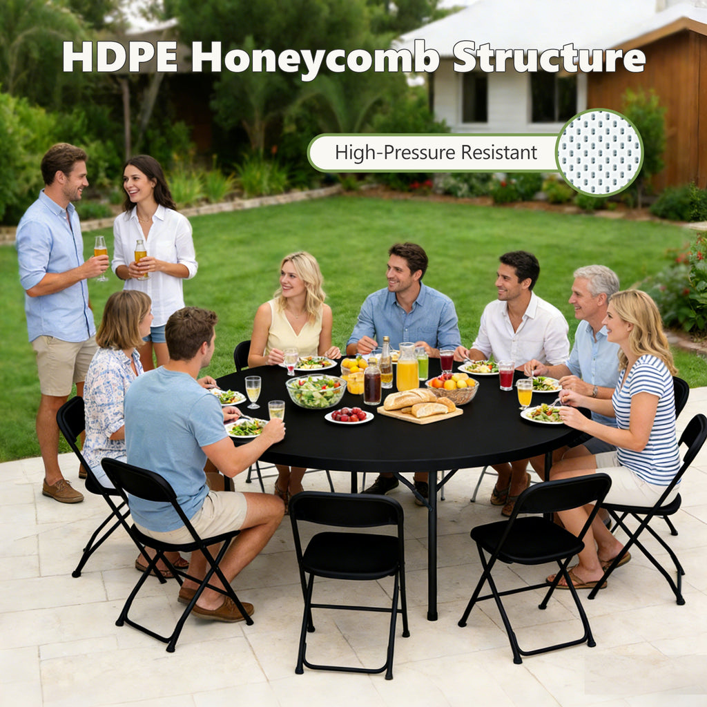 6FT Folding Round Table, Heavy Duty Plastic Card Table with Foldable Legs, Portable Folding Banquet Table for Living Room, Party or Outdoor Event, Indoor & Outdoor Use, Black