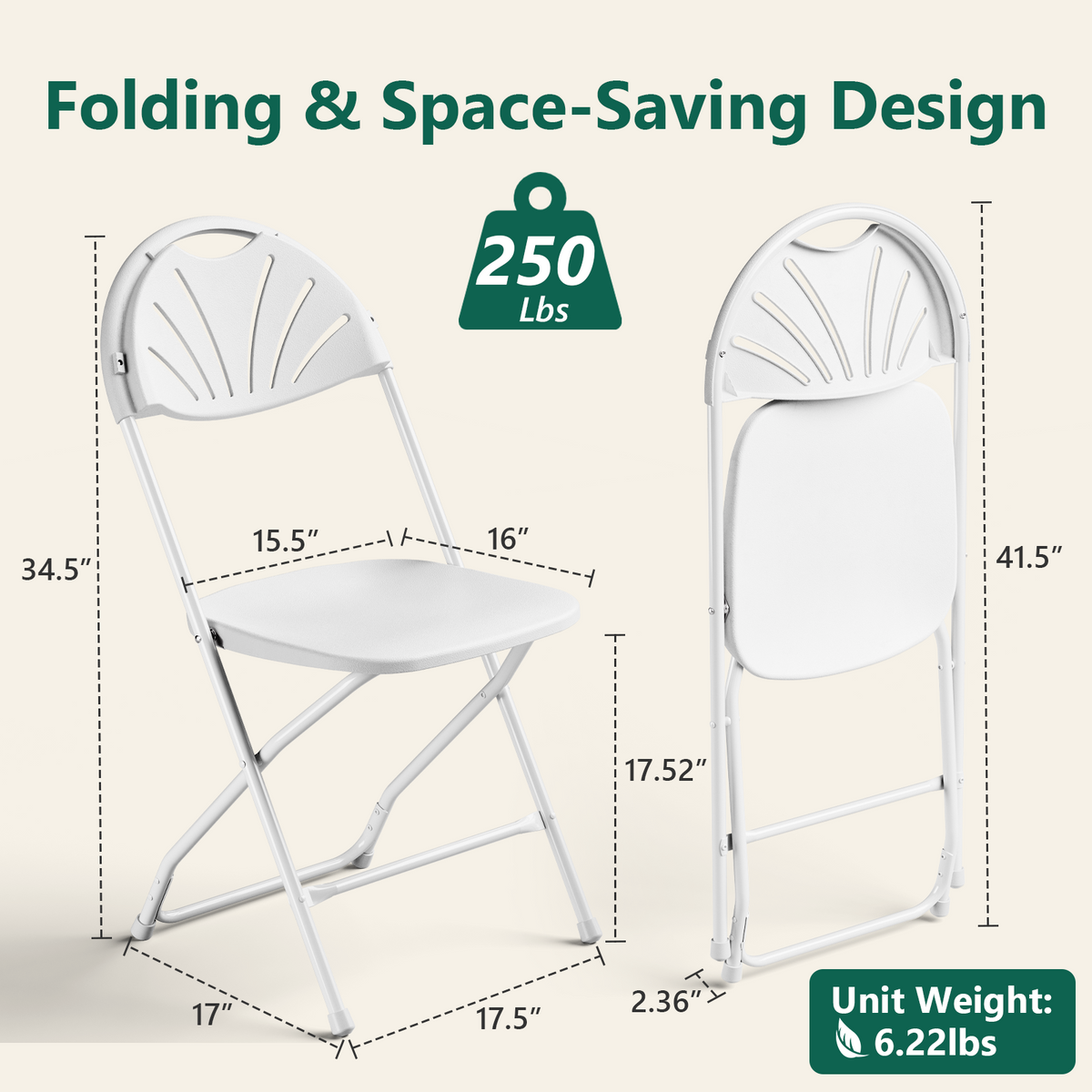 HaiNova 2 Pack Fan Back Folding Chairs, Metal Frame Indoor Outdoor Portable Stackable Seat, for Party Home Events Capacity 650 lbs, White