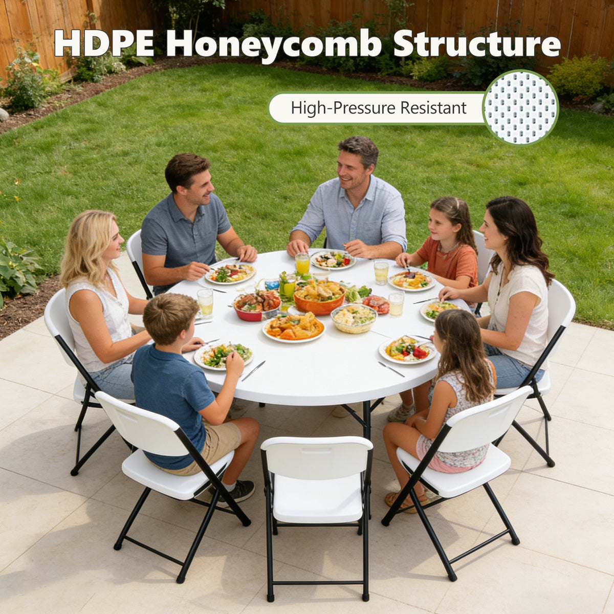 60" Folding Round Table, Plastic Dinner Table, Portable Folding Banquet Table for Living Room, Party or Outdoor Event, Black