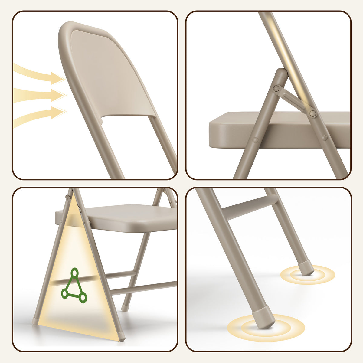 HaiNova All Iron Steel Folding Chair 4 Pack,Durable Portable,Capacity 350 lbs, Indoor/Outdoor Dual-Use Seating for Various Occasions, Khaki