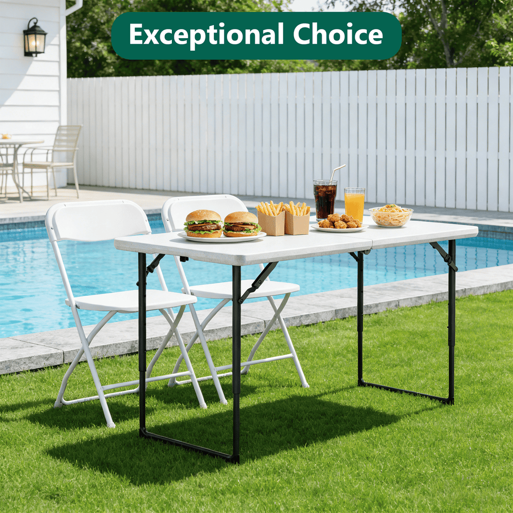 Folding Table, 4FT Foldable Picnic Table with Adjustable Height, Heavy Duty Fold-in-Half Portable Table for Weddings, Camping, RV Travel, Parties, BBQs, and Indoor Use, Easy to Fold and Store