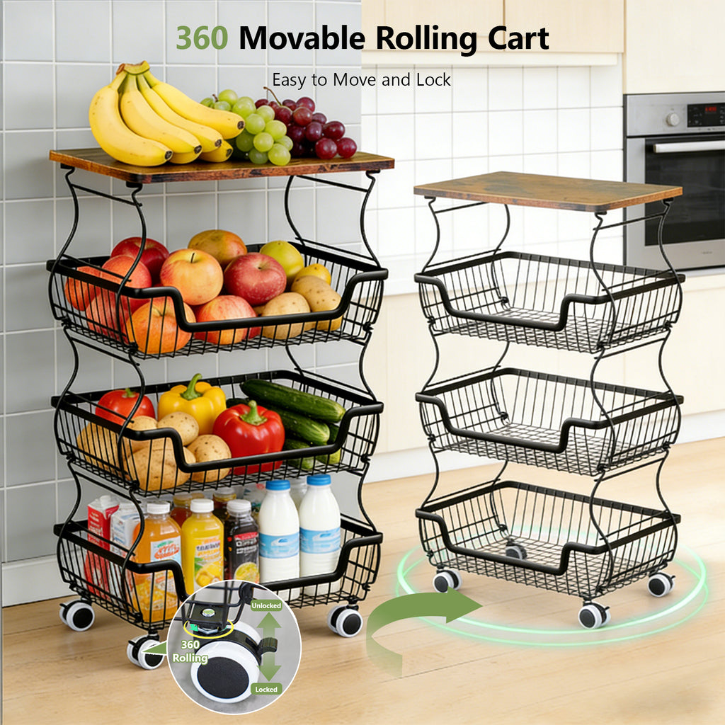Kitchen Storage Cart on Wheels, 4 Tier Rolling Stackable Pantry Floor Organizer, Kitchen Fruit Basket Stand for Home Removable Metal Vegetable Rack Wire Snack Cart