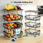 Kitchen Storage Cart on Wheels, 4 Tier Rolling Stackable Pantry Floor Organizer, Kitchen Fruit Basket Stand for Home Removable Metal Vegetable Rack Wire Snack Cart