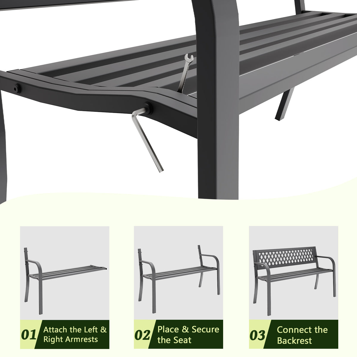 47" Outdoor Garden Bench, Patio Bench with Backrest, Weatherproof, Black