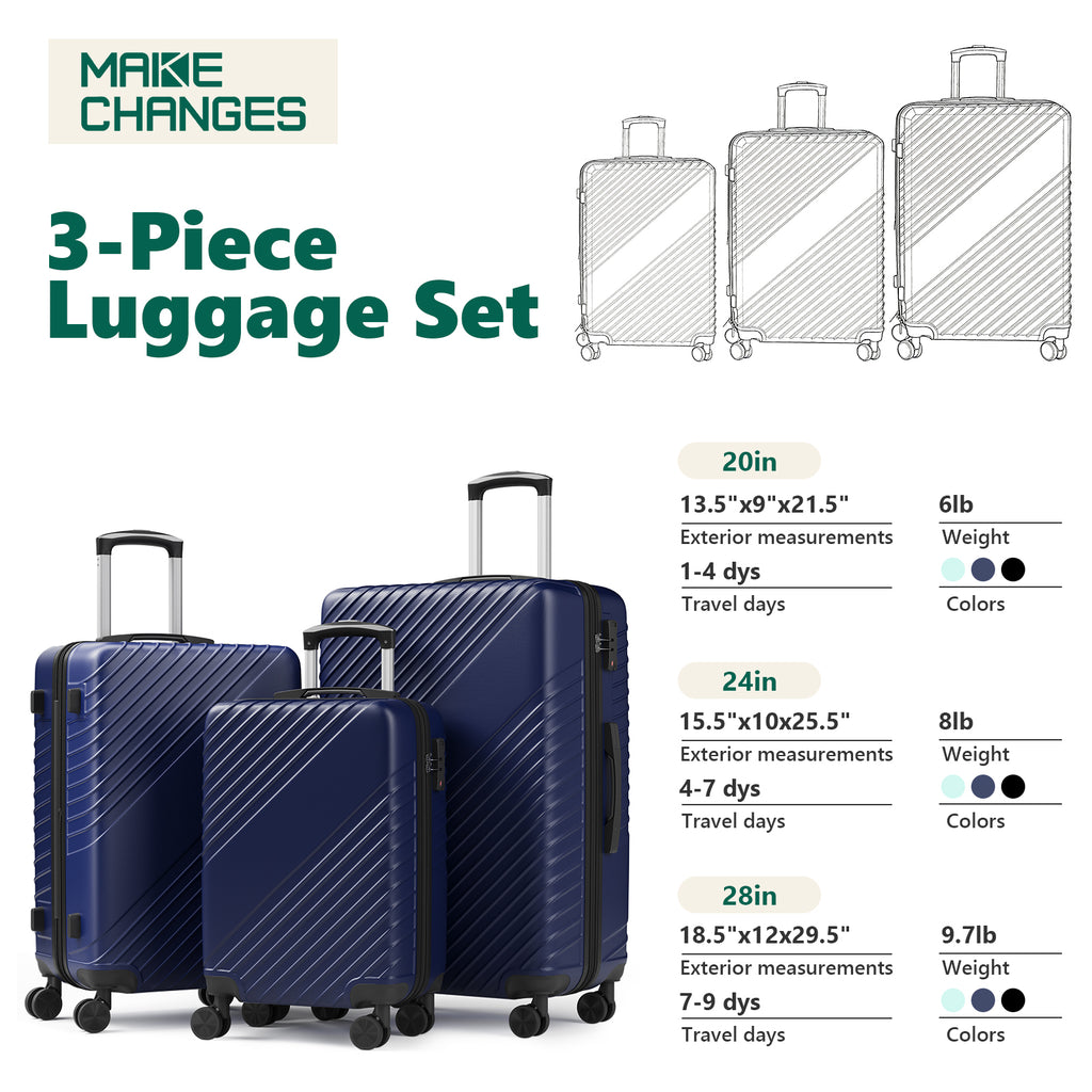 Luggage Sets 3 Piece, ABS Hardside Suitcase Set (20/24/28) with Spinner Wheels, TSA Security Lock, Airline-Approved Carry-On & Lightweight Large Checked Luggage for Business, Travel, Family Vacations