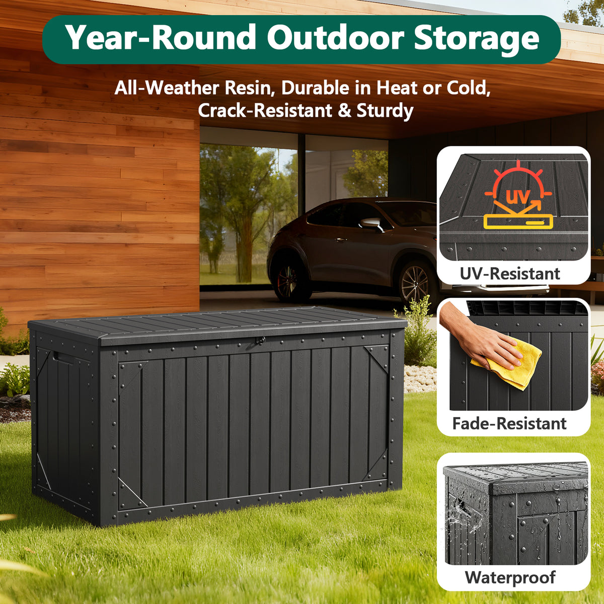 HaiNova 100 Gallon Outdoor Storage Resin Deck Box, Lockable Patio Outdoor Storage Box for Furniture, Garden Tools and Tools Storage, Waterproof, Black