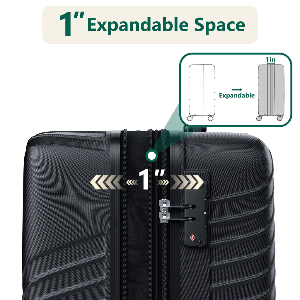 3-Piece Luggage Set - Carry-On & Large& Medium Checked Luggage with Dual Spinner Wheels - Durable Polypropylene Hardshell - TSA Lock, Airline-Approved - Expandable Hard Shell(Black)