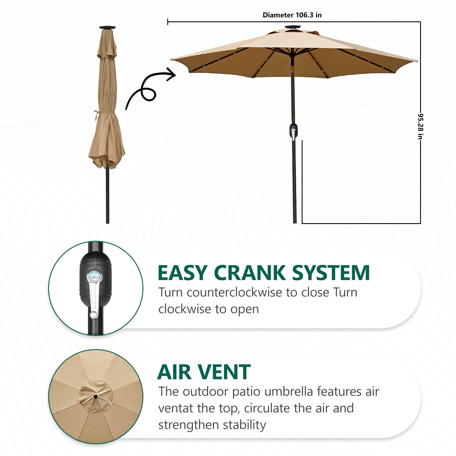 HaiNova 9ft Solar Patio Umbrella, Tilt Adjustment LED Outdoor Umbrella with 8 Reinforced Ribs for Garden, Backyard, Pool, Khaki