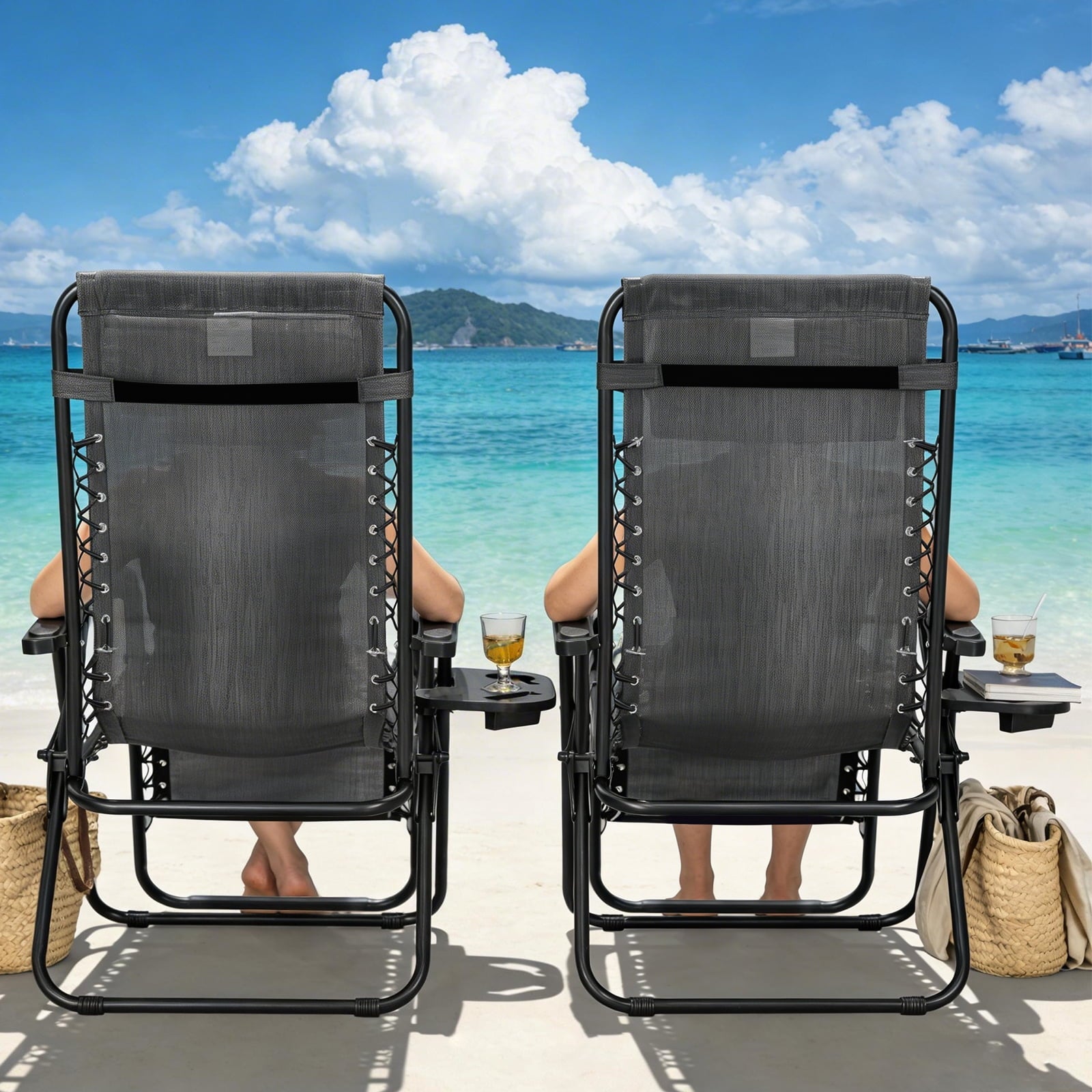 WLLJOY Zero Gravity Chair 2Pcs, 350lb Capacity, Folding Reclining Chair with Adjustable Pillow and Cup Holder for Garden, Patio, Beach, Gray