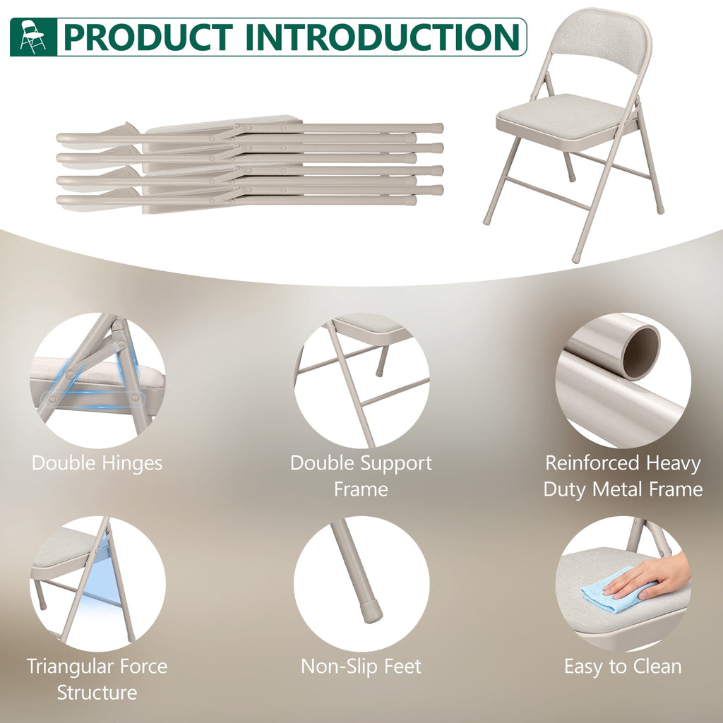 HaiNova Fabric Folding Chair 4 Pack, with Fabric Padded Cushion & Back, Metal Frame, Easy to Use and Store for Home, Office, Party, Khaki