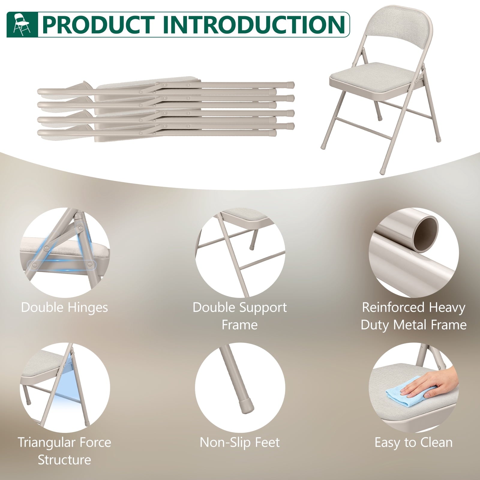 HaiNova Fabric Folding Chair 4 Pack, with Fabric Padded Cushion & Back, Metal Frame, Easy to Use and Store for Home, Office, Party, Khaki
