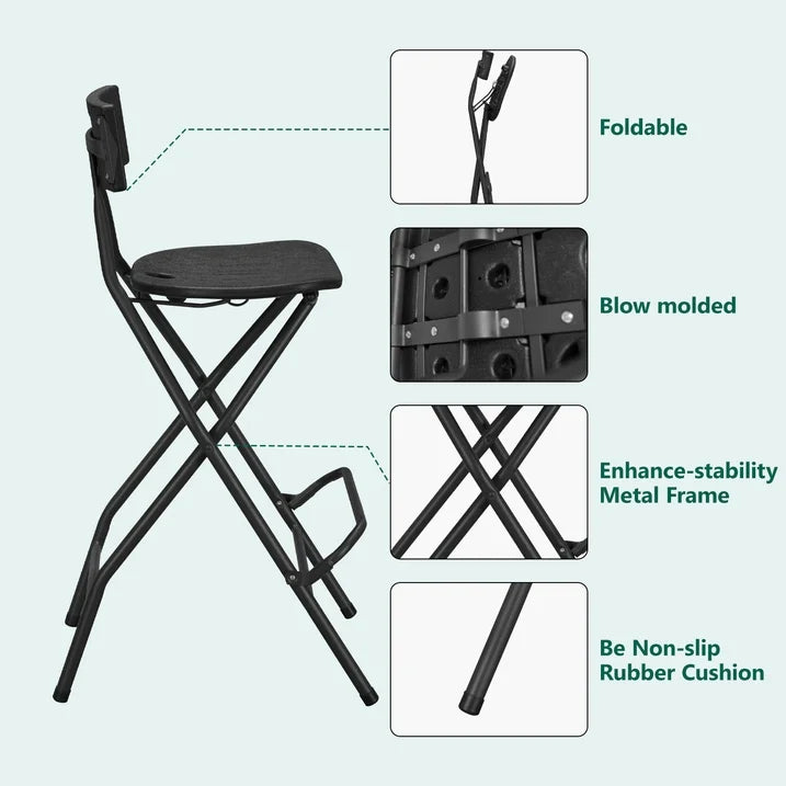 HaiNova Black Folding Bar Stool with Backrest, Blow-molded/Metal Frame, Durable and Sturdy Folding Chair for Indoor/Outdoor Kitchen Shop Cafe
