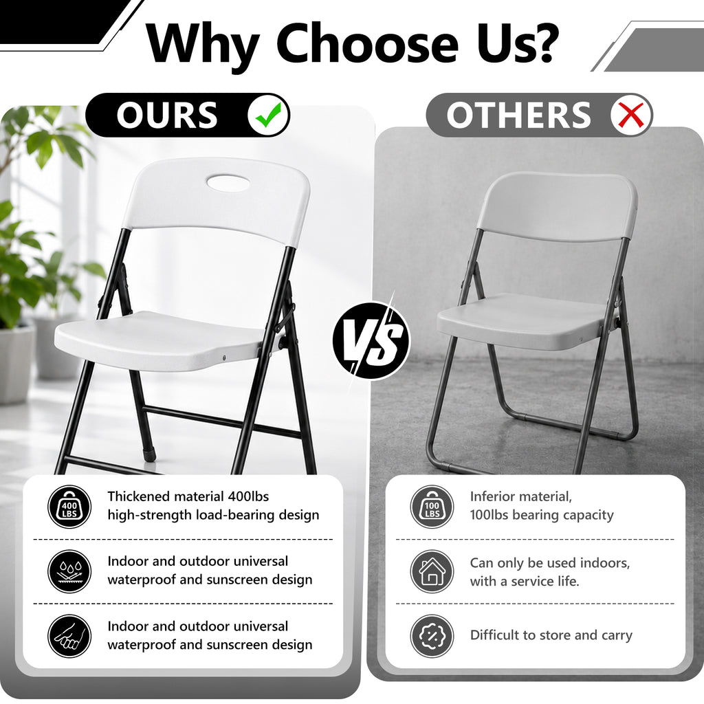 HaiNova 4PCS Black Plastic Folding Chair Set, 400-Pound Portable Waterproof and Wear-Resistant Folding Chair with Steel Frame for Picnics and Business