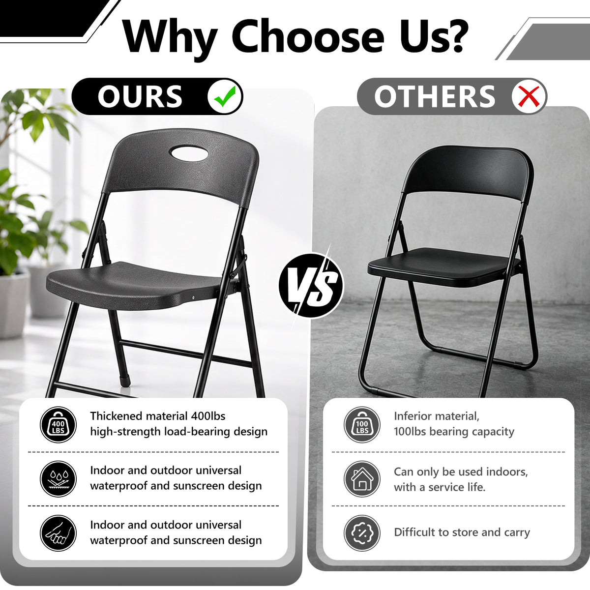 HaiNova 4PCS Black Plastic Folding Chair Set, 400-Pound Portable Waterproof and Wear-Resistant Folding Chair with Steel Frame for Picnics and Business