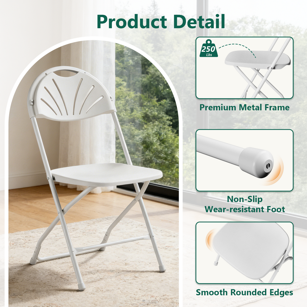 HaiNova 2 Pack Fan Back Folding Chairs, Metal Frame Indoor Outdoor Portable Stackable Seat, for Party Home Events Capacity 650 lbs, White