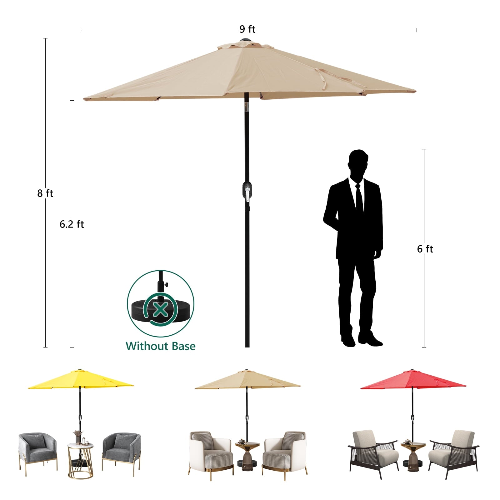 WLLJOY 9FT Outdoor Patio Umbrella Table Market Umbrella with Push Button Tilt/Crank, UV Protection Waterproof Suitable for Garden, Deck, Khaki