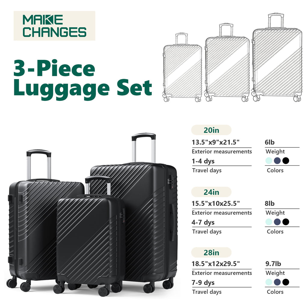 3-Piece Luggage Set - Carry-On & Large& Medium Checked Luggage with Dual Spinner Wheels - Durable Polypropylene Hardshell - TSA Lock, Airline-Approved - Expandable Hard Shell(Black)