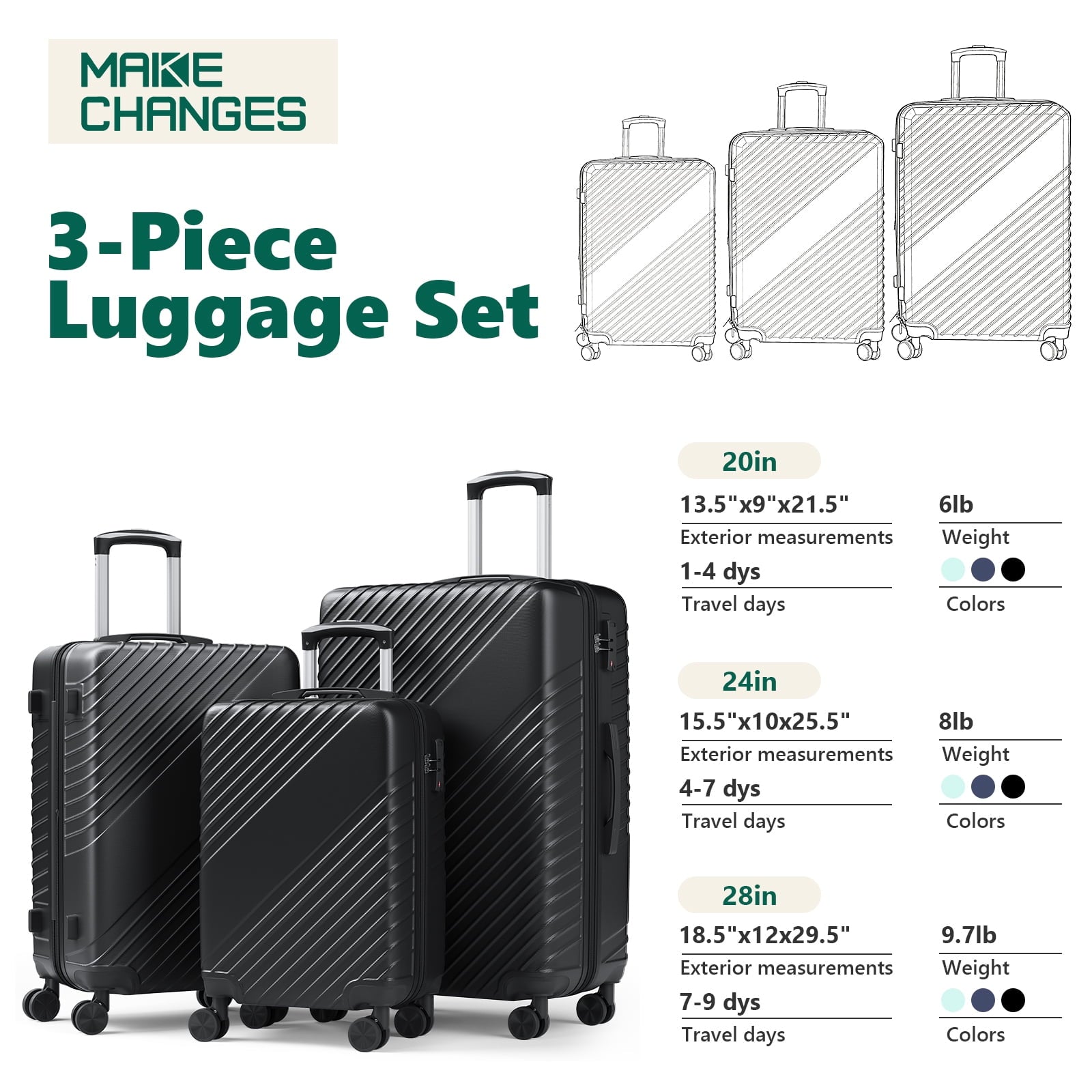 3-Piece Luggage Set - Carry-On & Large& Medium Checked Luggage with Dual Spinner Wheels - Durable Polypropylene Hardshell - TSA Lock, Airline-Approved - Expandable Hard Shell(Black)