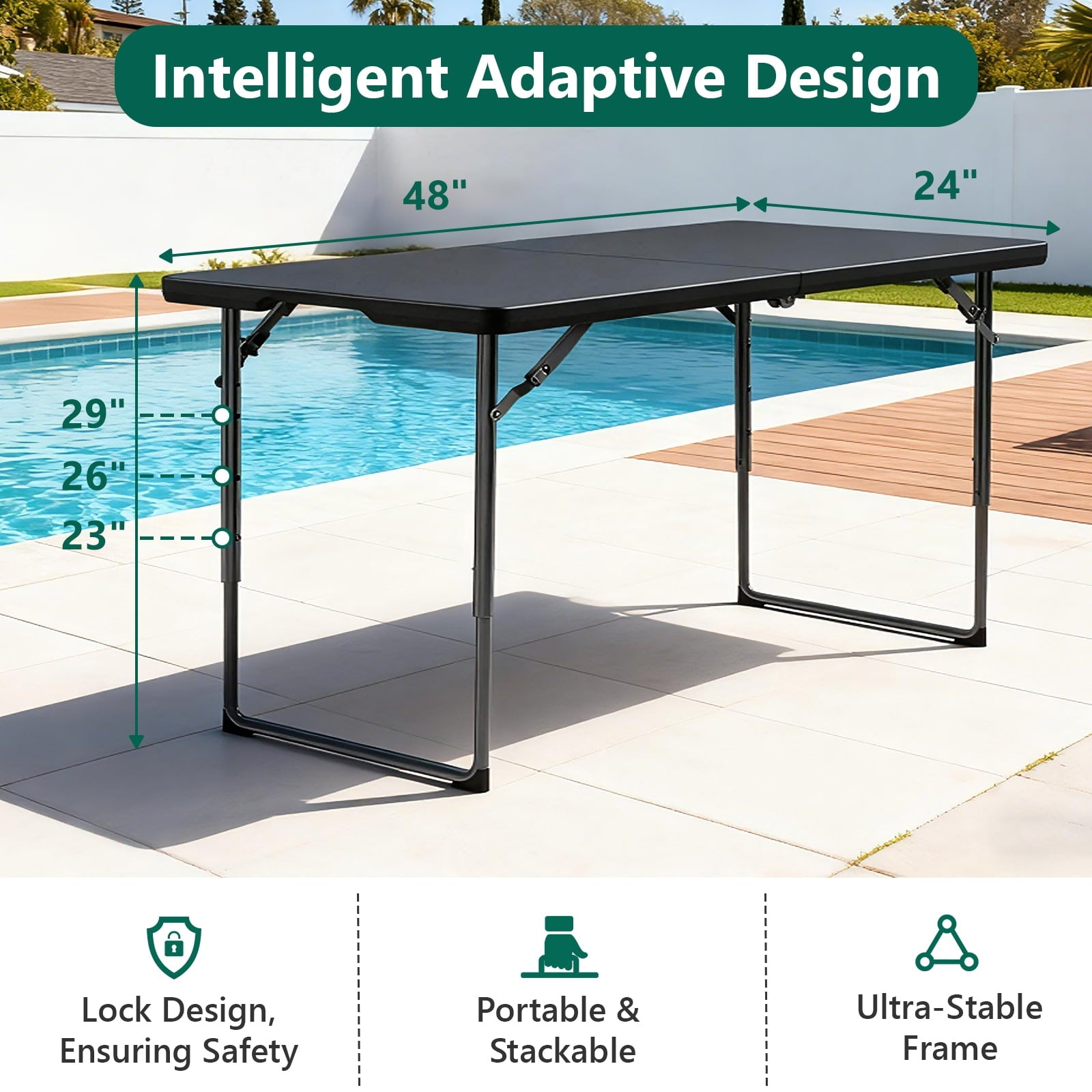 HaiNova 4 Ft Adjustable Height Folding Table, Max Load 400lbs, Portable Camping Table with Handle for Home Party, Camping Parties and Weddings, Black