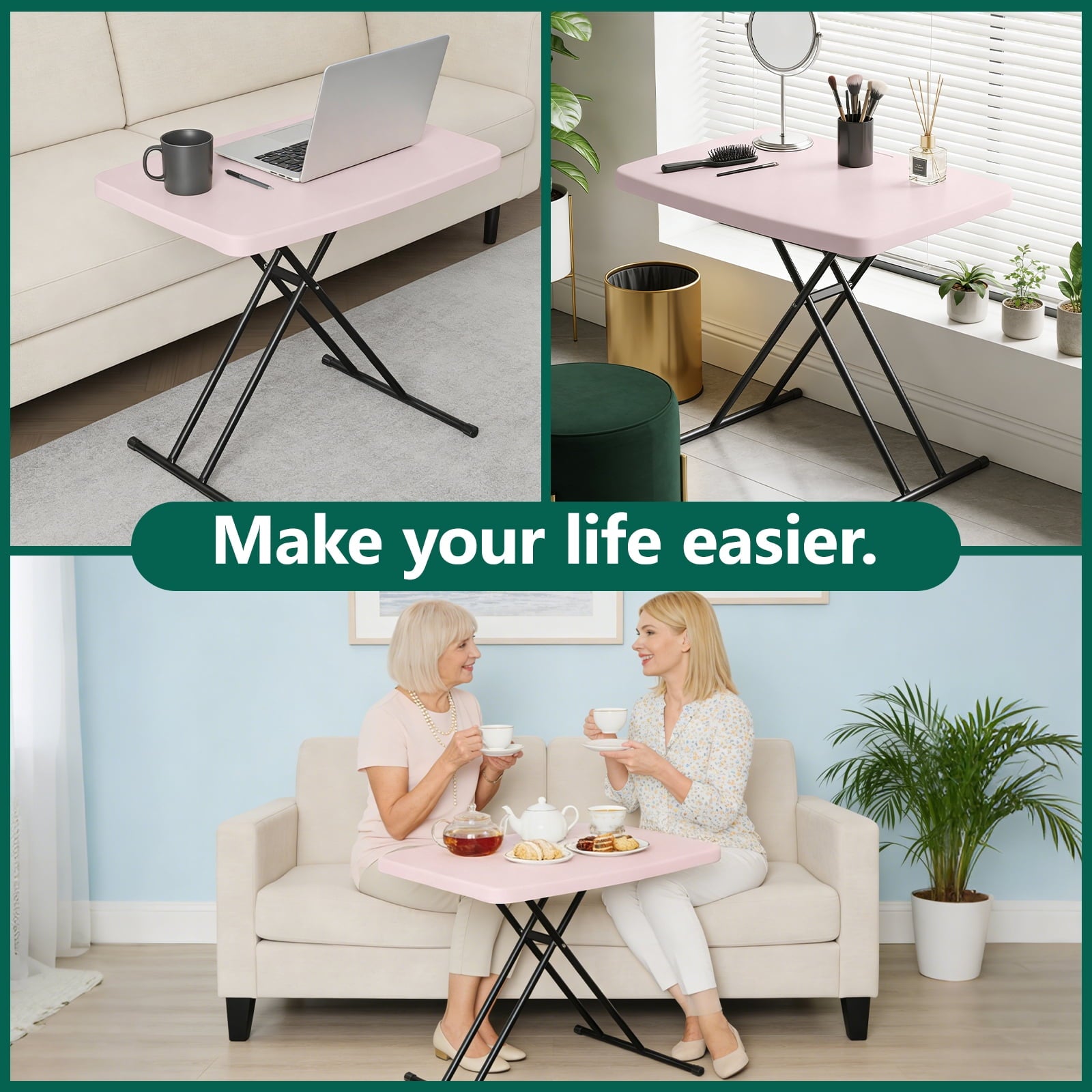 HaiNova Folding TV Tray Table, 30in Height Adjustable TV Tray for Laptop, Heavy Duty Utility Foldable Table for Small Spaces, Pink