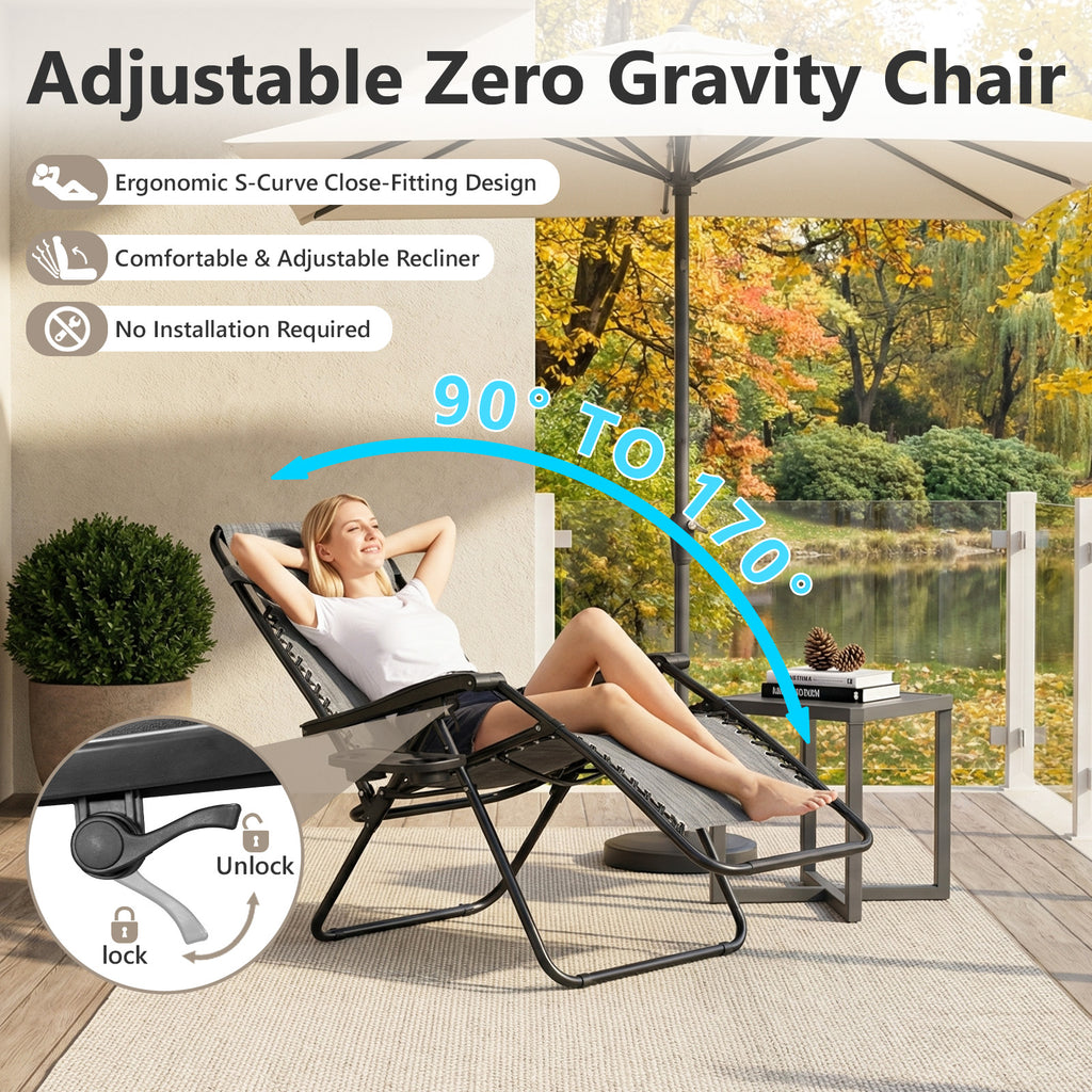 Zero Gravity Chairs Set of 2, Adjustable Lounge Chair Outdoor Recliner, Folding Reclining Lawn Chair, Anti Gravity Chair with Pillow & Cup Holder for Pool Camping Sunbathing Beach Patio (Gray)