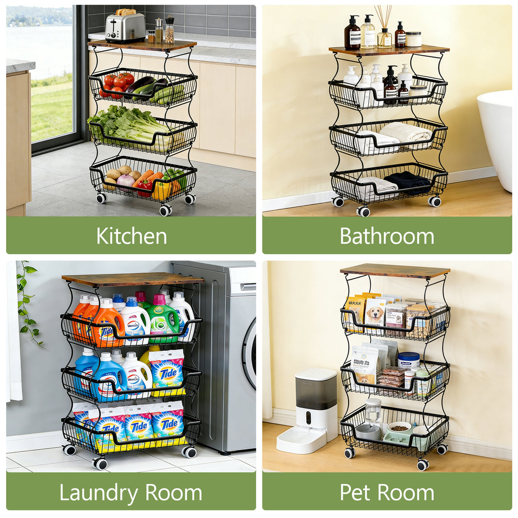 Kitchen Storage Cart on Wheels, 4 Tier Rolling Stackable Pantry Floor Organizer, Kitchen Fruit Basket Stand for Home Removable Metal Vegetable Rack Wire Snack Cart
