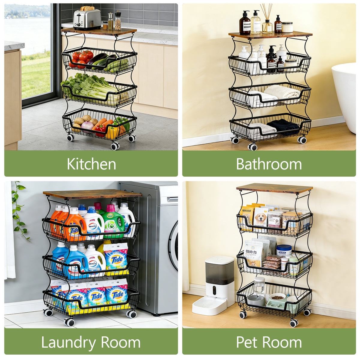 Kitchen Storage Cart on Wheels, 4 Tier Rolling Stackable Pantry Floor Organizer, Kitchen Fruit Basket Stand for Home Removable Metal Vegetable Rack Wire Snack Cart