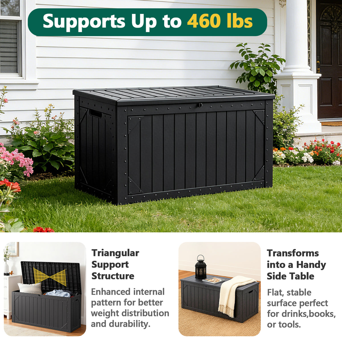HaiNova 100 Gallon Outdoor Storage Resin Deck Box, Lockable Patio Outdoor Storage Box for Furniture, Garden Tools and Tools Storage, Waterproof, Black