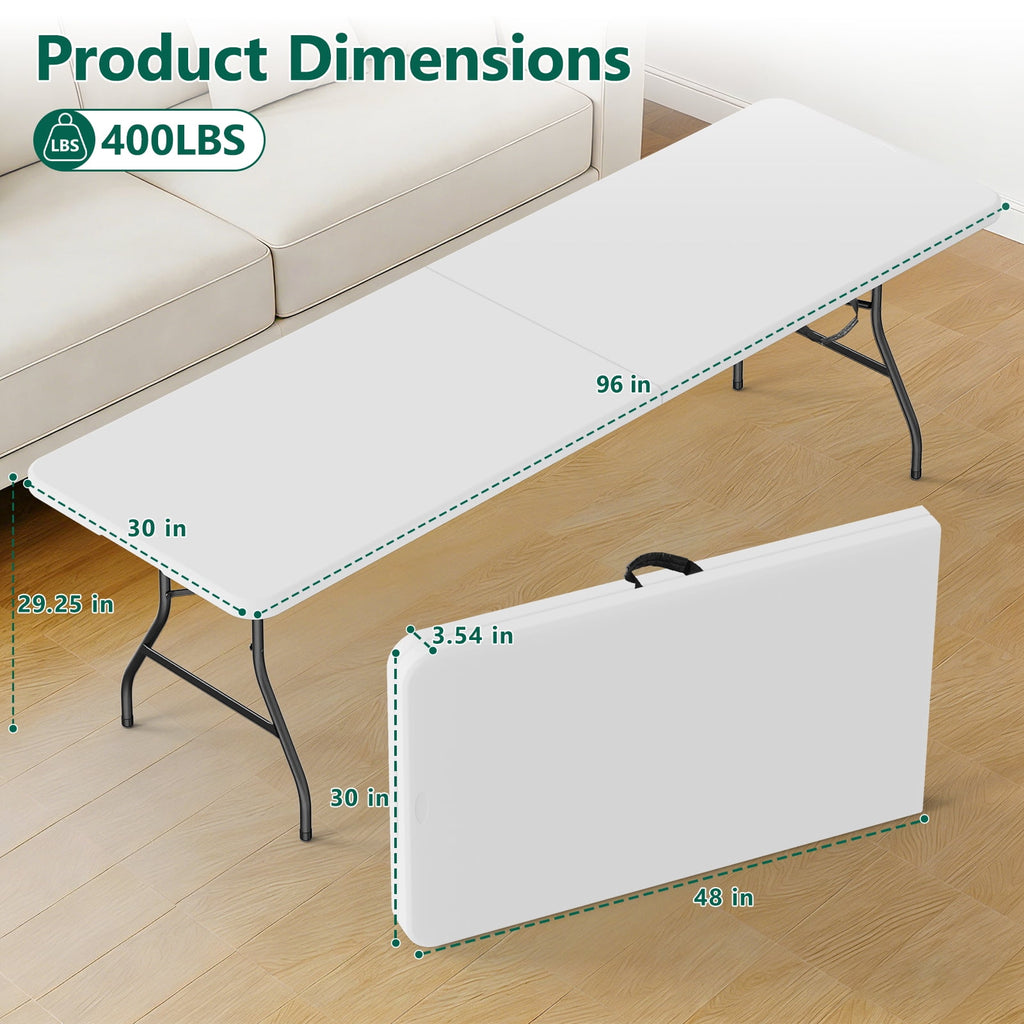 HaiNova 8FT Folding Table, Portable Heavy Duty Camping Table with Carrying Handle, Anti-fouling and Sun-Proof Suitable for Meetings, Parties, Camping and Weddings, White