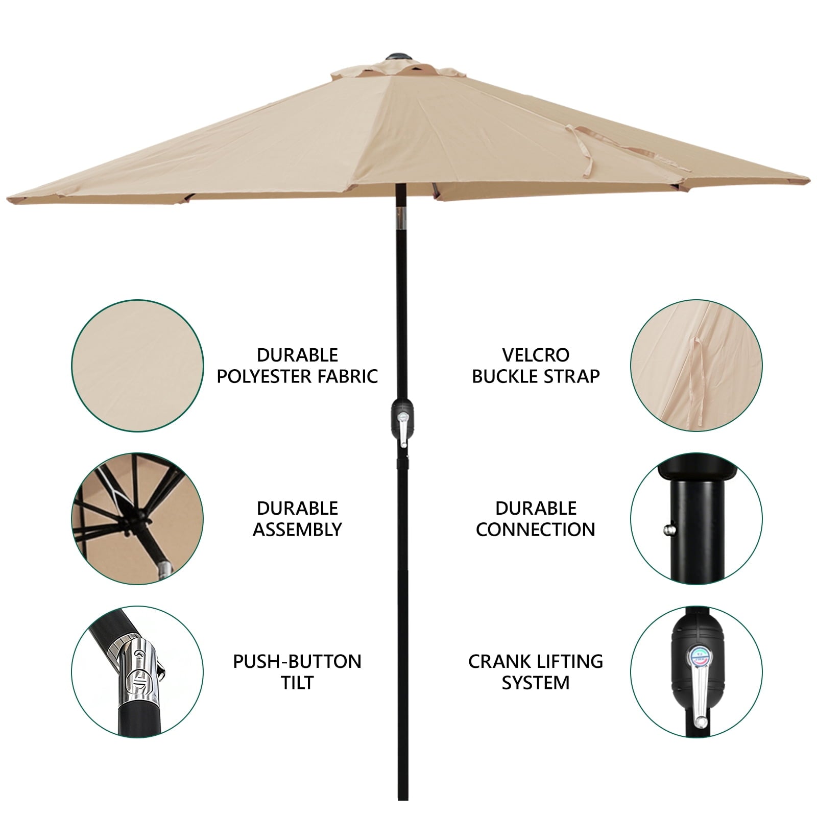 WLLJOY 9FT Outdoor Patio Umbrella Table Market Umbrella with Push Button Tilt/Crank, UV Protection Waterproof Suitable for Garden, Deck, Khaki